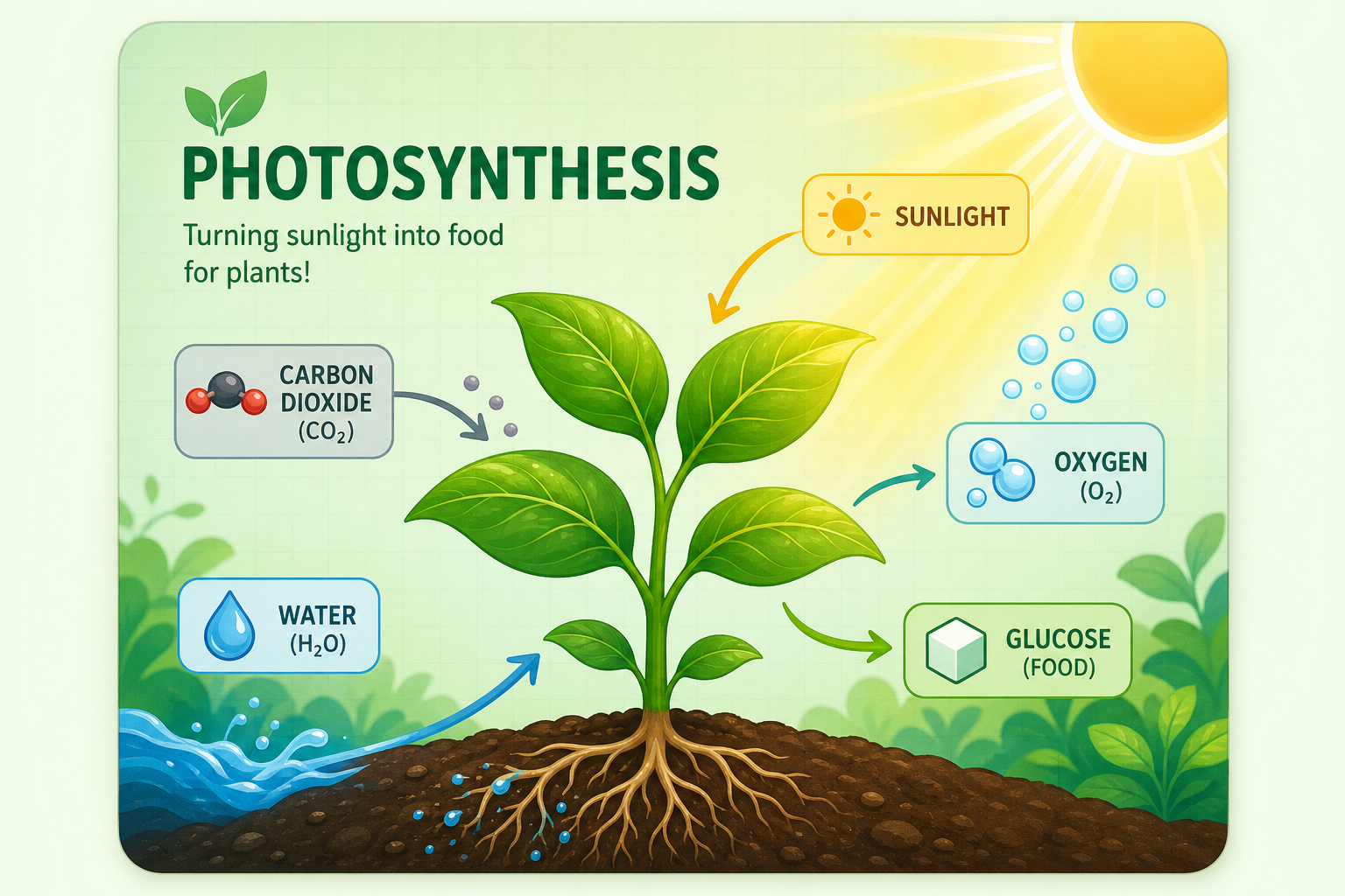 Photosynthesis infographic showing sunlight, carbon dioxide, water, oxygen, and glucose around a plant.