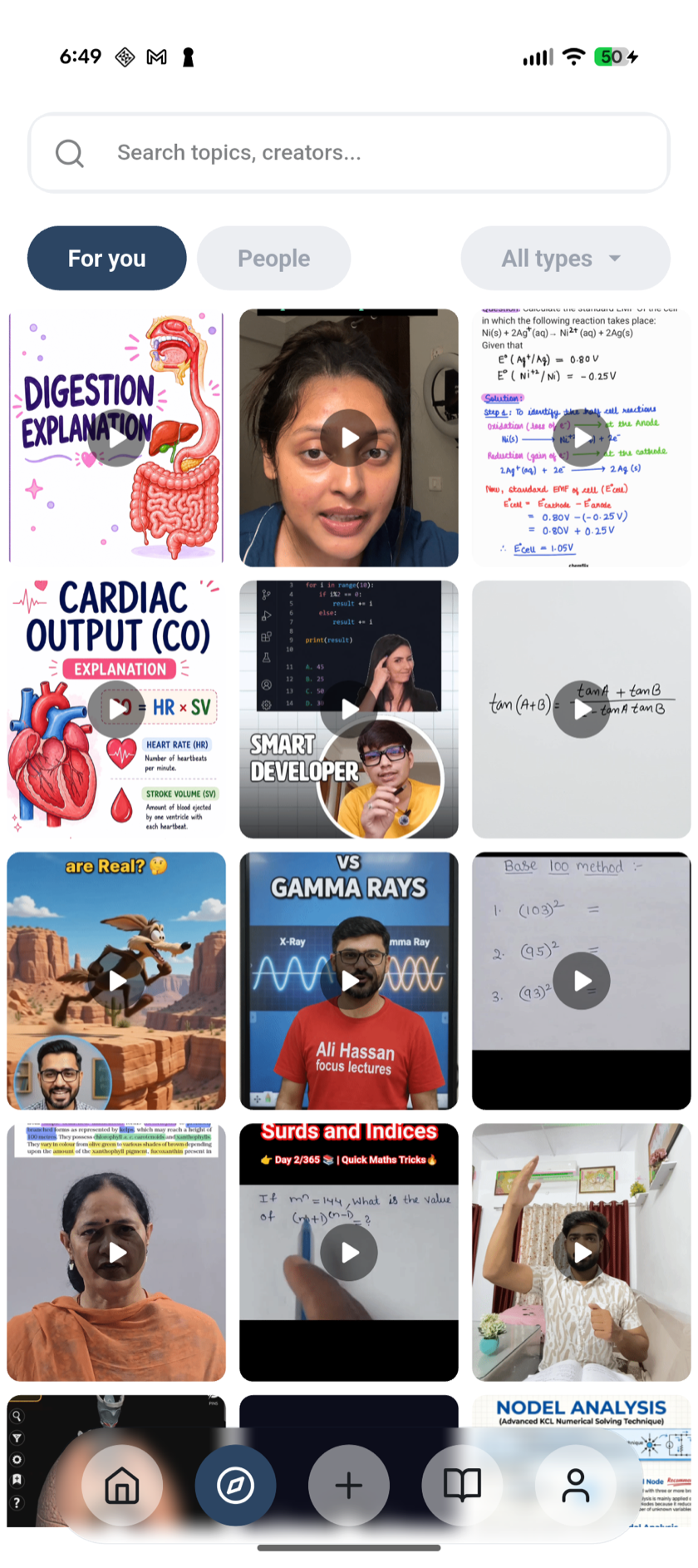 Bloop Discover feed with real educational videos about biology, coding, mathematics, and physics