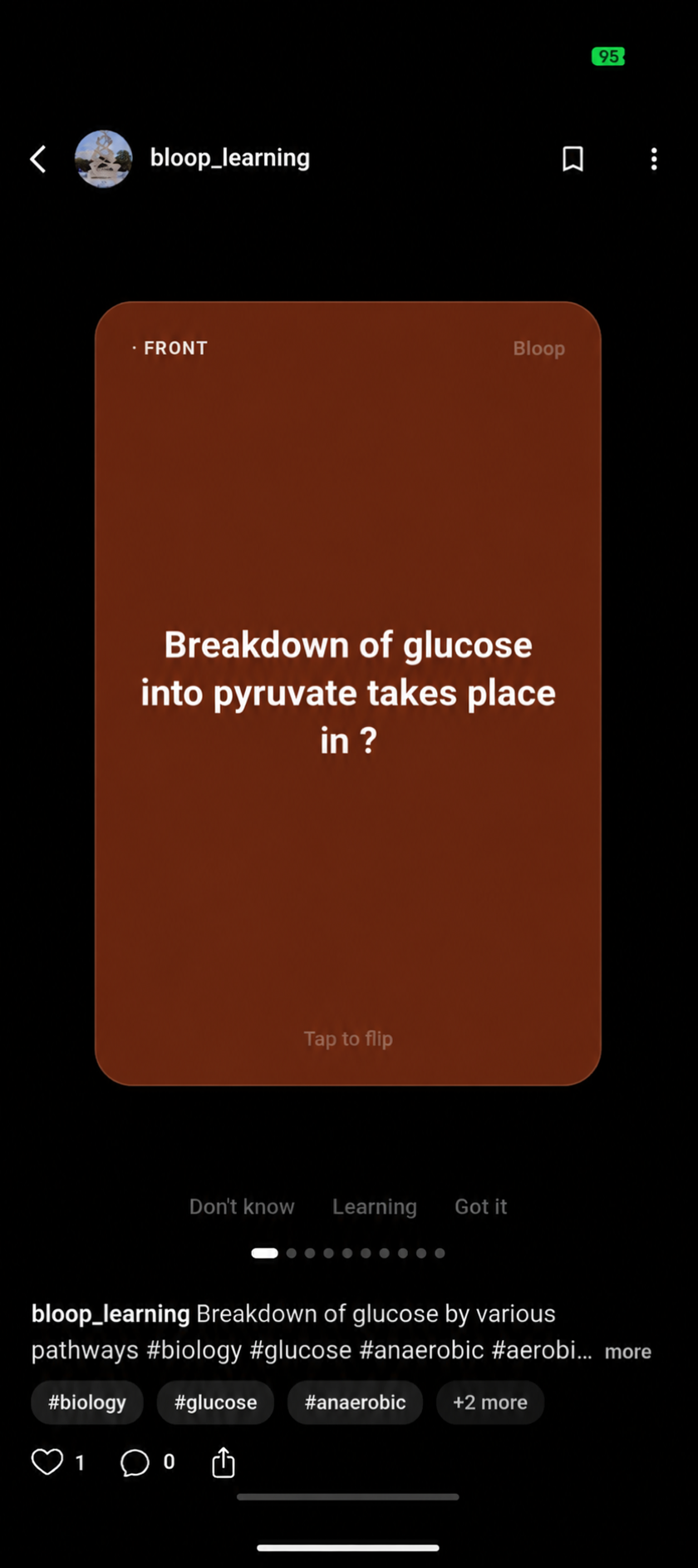 Actual Bloop biology flashcard with a question about glucose breakdown and recall controls
